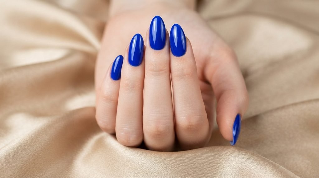 Close-up photograph of glossy sapphire blue almond nails on an 18-year-old female hand against champagne-gold satin.