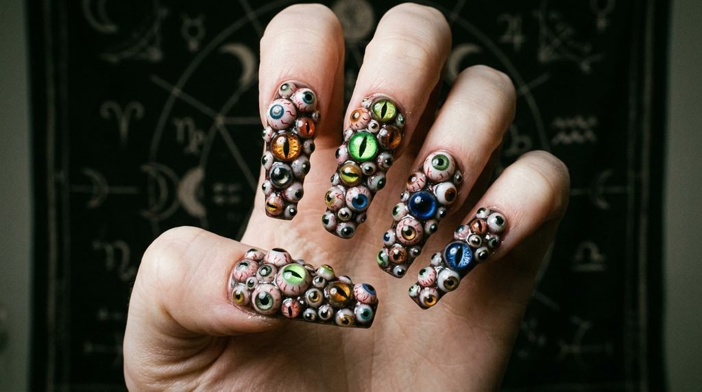 A chaotic close-up of a woman's pale hand with long coffin nails completely covered in numerous mismatched 3D sculpted eyeballs, staring wildly in all directions against a blurred occult tapestry.