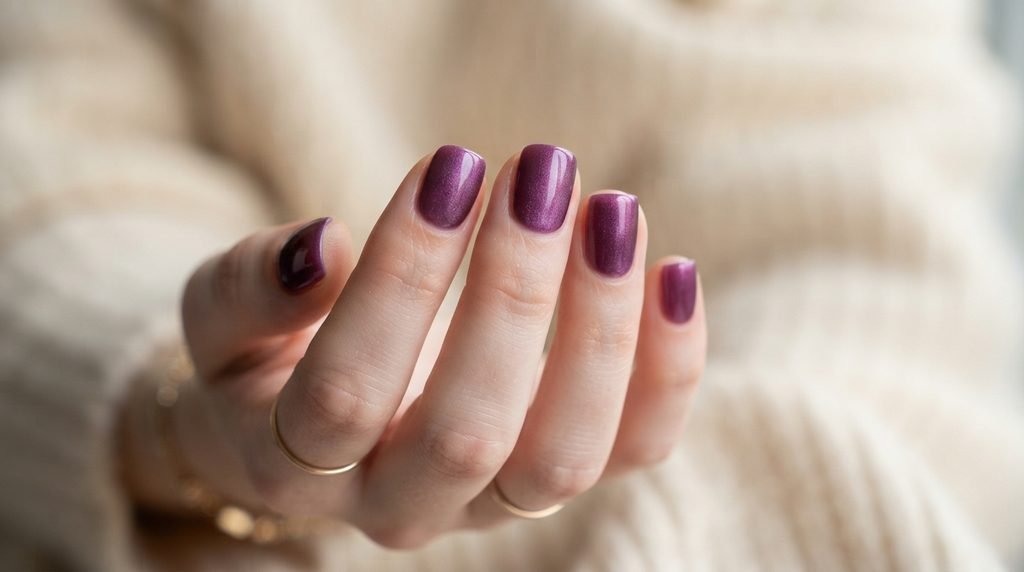 Close-up of short smoky amethyst velvet squoval nails on a very white female hand, 18, against warm cream cashmere.