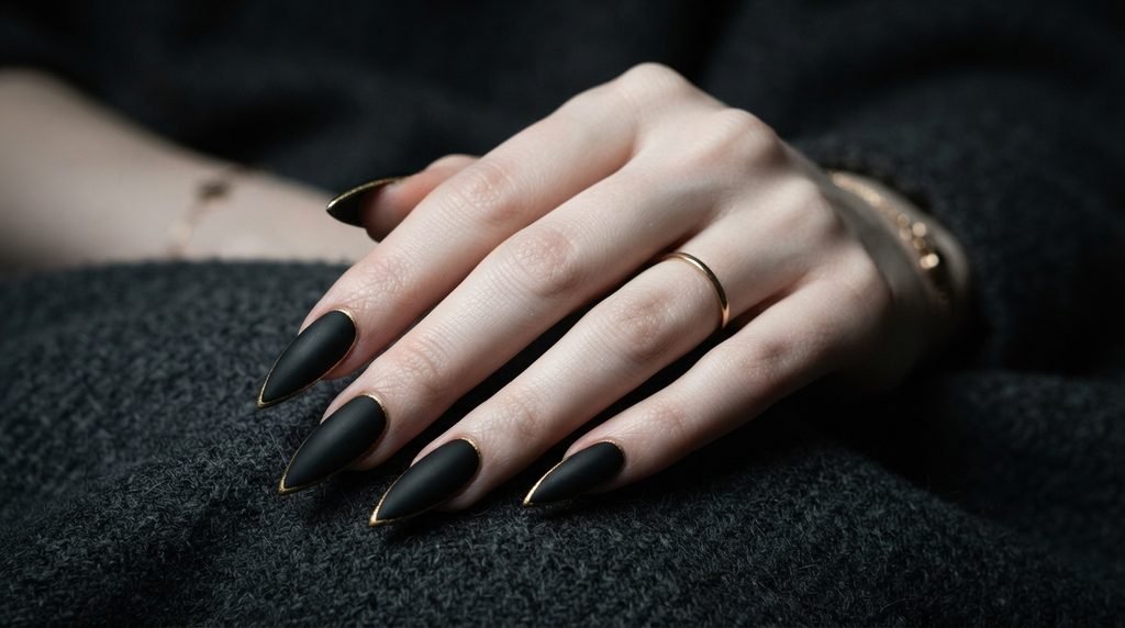 Female hand with very white skin highlighting long matte black stiletto nails with gold accents against a charcoal wool backdrop.