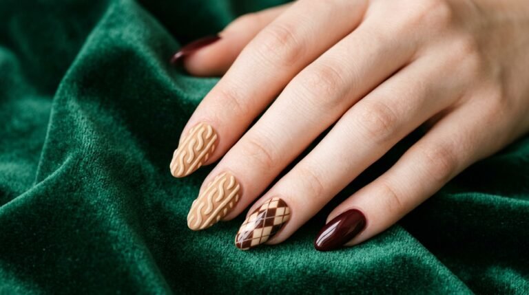 Close up of an 18 year old female hand with white skin showing almond sweater nails with 3D cable knit and argyle art over green velvet background.
