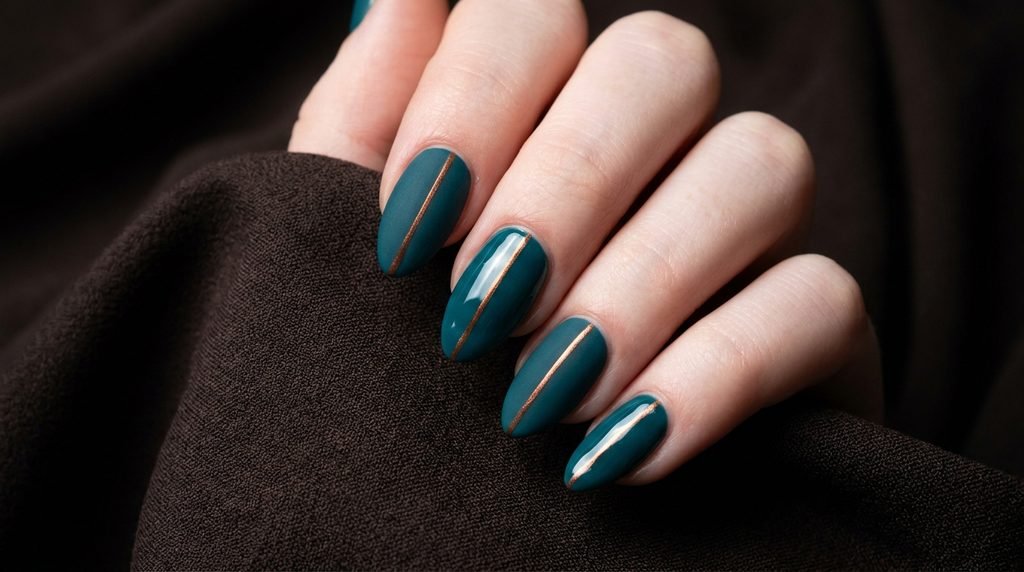 Almond nails with half matte and half glossy teal divided by a copper line on an 18-year-old female hand with very white skin against dark espresso.