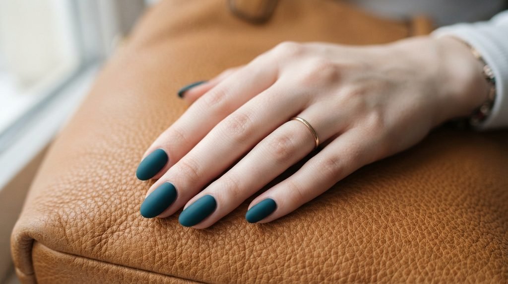 Female hand with smooth white skin showcasing matte deep teal nails resting on camel leather
