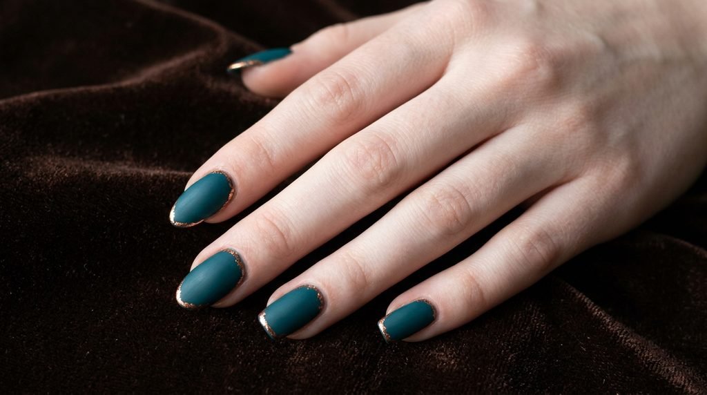 Close-up of classic square and almond nails with matte teal polish on an 18-year-old female hand with very white skin against a dark chocolate backdrop.