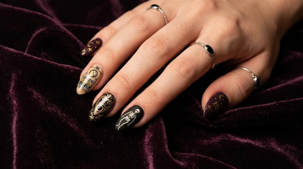 Mix-and-match gothic manicure featuring spirit board art and tarot card motifs on a white-skinned hand.