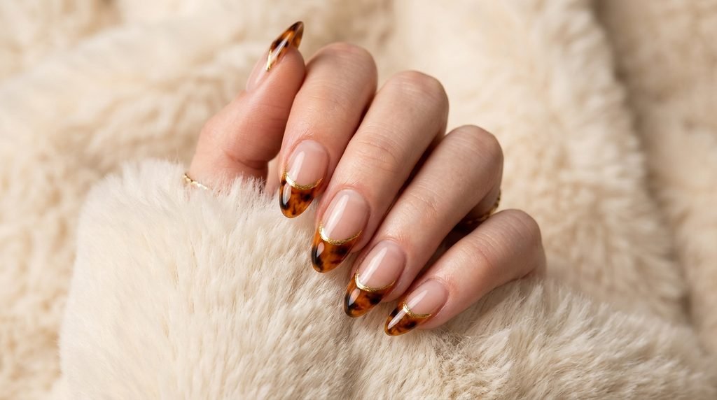 Tortoiseshell and gold double French tip nail art on a female hand over cream faux fur.