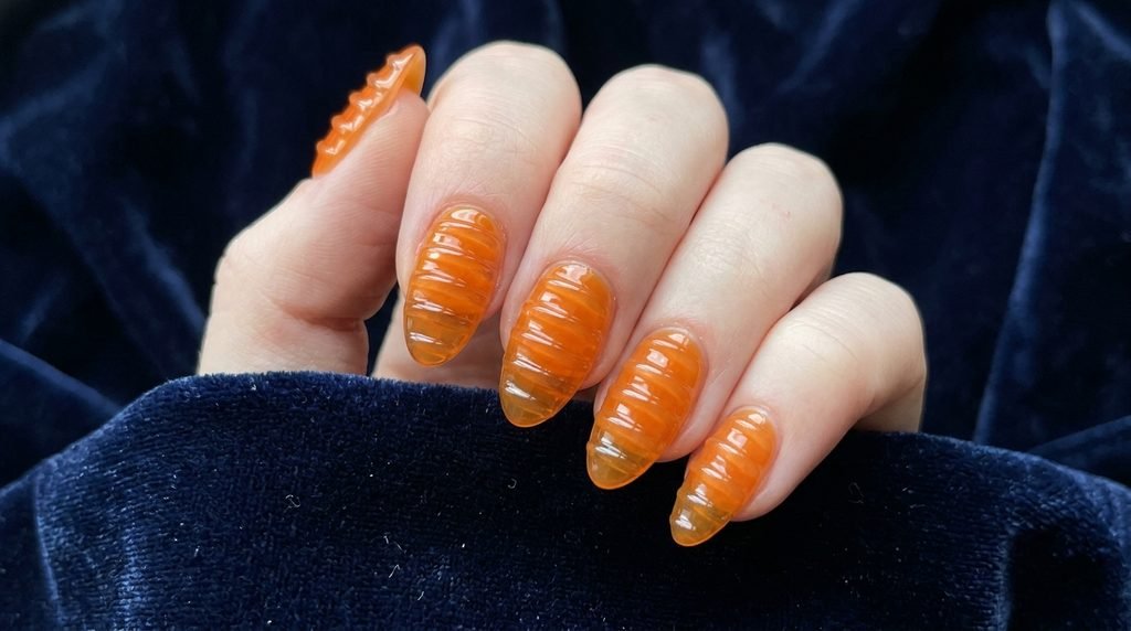 3D ribbed translucent orange jelly nails on an 18-year-old female hand over navy velvet.