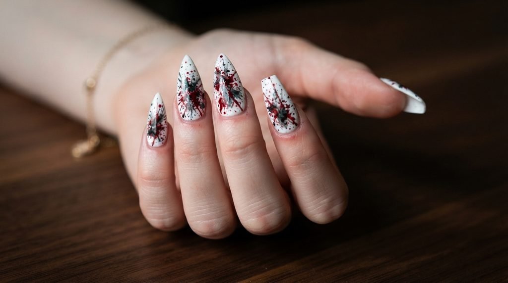 A close-up comparison shot of long stiletto and long coffin nails on an 18-year-old female hand with white skin, both featuring the identical red blood splatter over white base design against a dark walnut background.