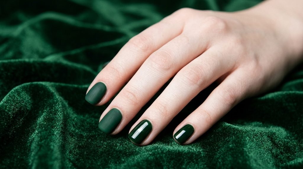 Side-by-side view of matte and glossy green nail finishes on an 18-year-old hand.