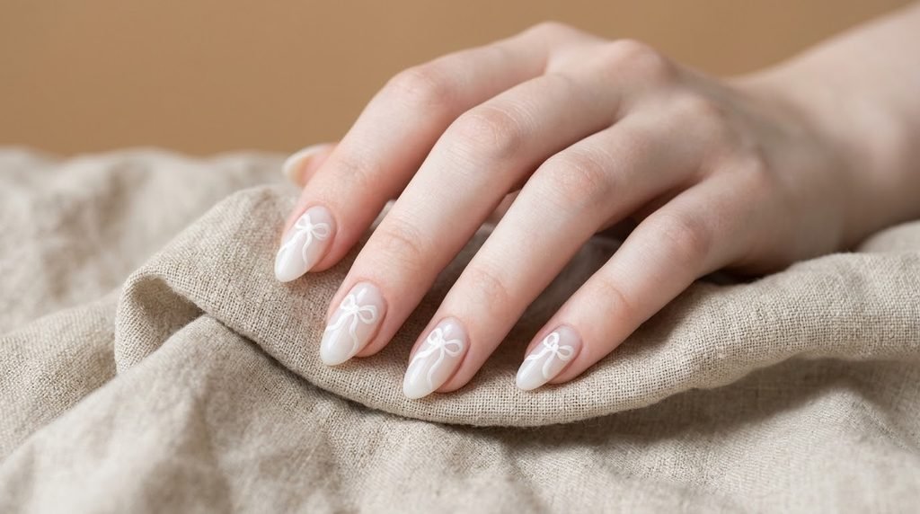 White nails with ribbon design on short almond shape with white skin.