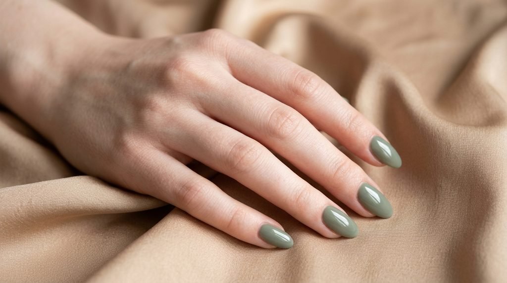 Female hand with very white skin showing short almond nails painted in muted dusty sage green polish.