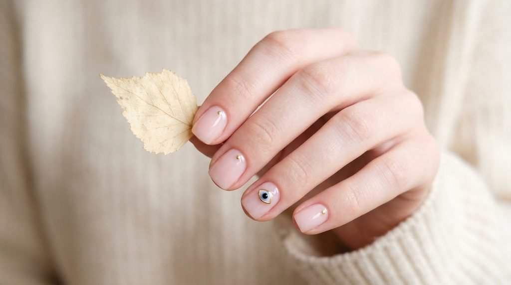 A delicate close-up of a woman's pale hand with short square nails featuring a sheer base and one subtle, slightly raised black and gold minimalist evil eye on the ring finger, holding an autumn leaf.