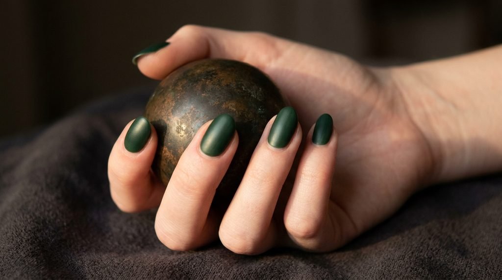 Forest green oval nails with a satin finish on an 18-year-old female hand with very white skin holding a bronze sphere.