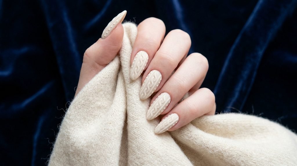 Cream cable knit art on almond nails held over a dark navy blue velvet backdrop.