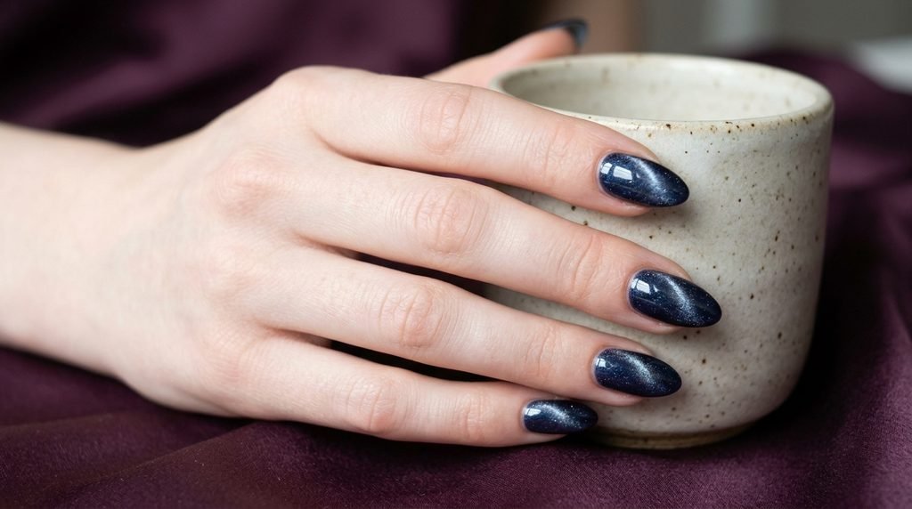 Deep navy velvet almond nails on an 18-year-old female hand with very white skin.
