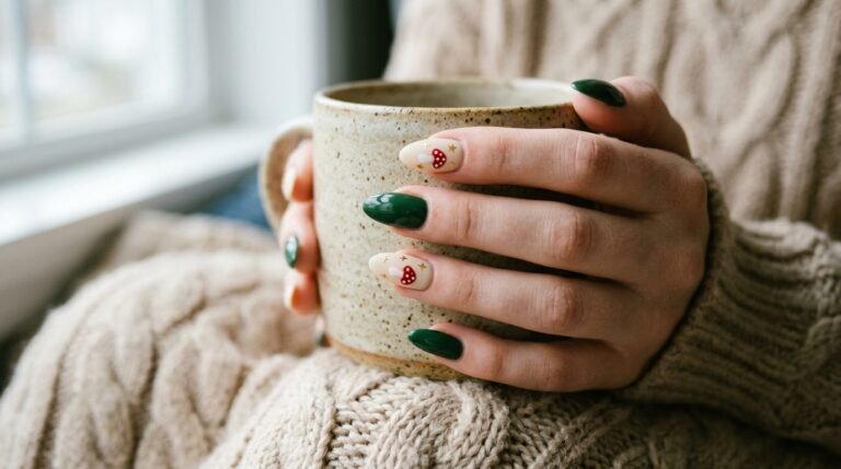 Almond nails painted in dark forest green with hand painted red toadstool accents on an eighteen year old female hand with white skin.