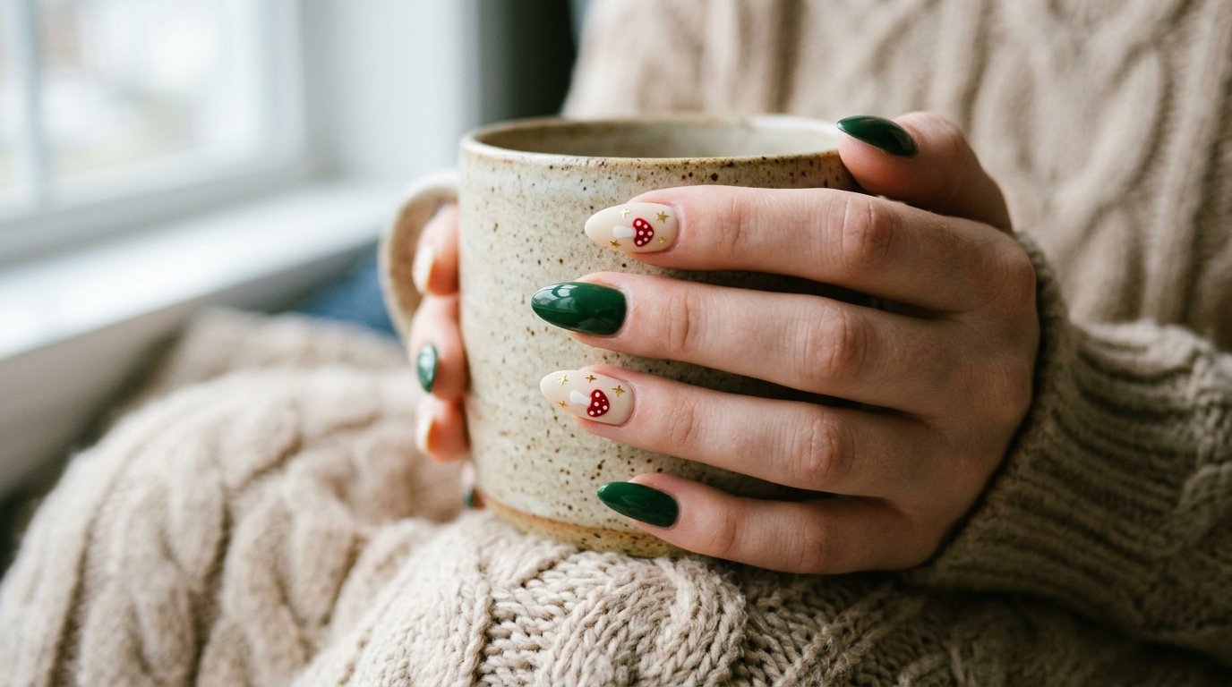 Almond nails painted in dark forest green with hand painted red toadstool accents on an eighteen year old female hand with white skin.