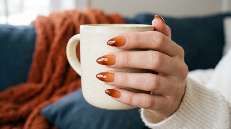 Close-up of an 18-year-old female hand with fair skin wearing glossy sheer maple syrup gradient almond nails while holding a ceramic cup.