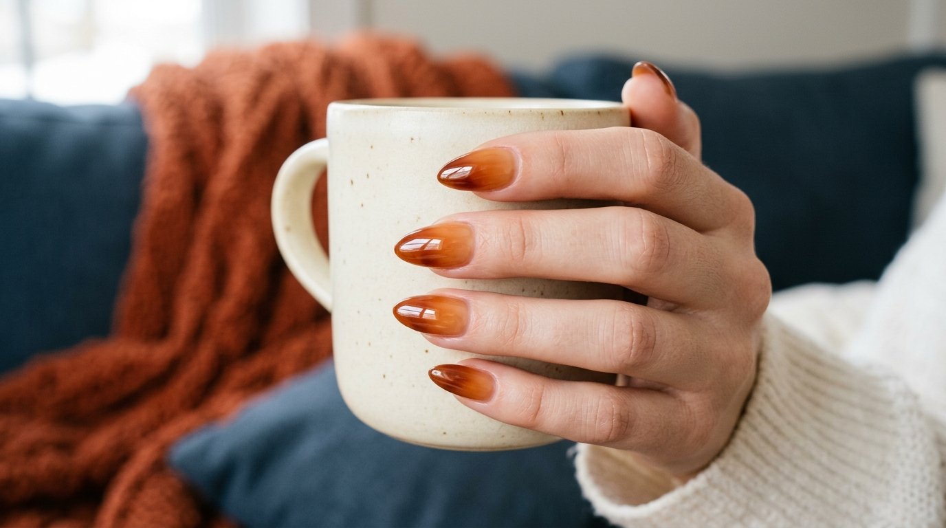Close-up of an 18-year-old female hand with fair skin wearing glossy sheer maple syrup gradient almond nails while holding a ceramic cup.