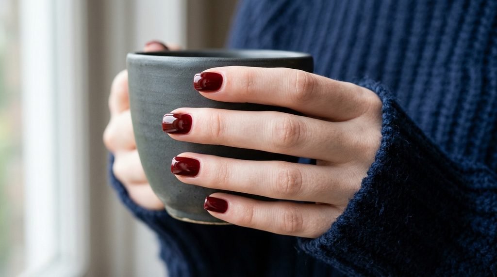 Photorealistic photograph of an 18-year-old female hand with very white skin holding a teacup with glossy oxblood nails against navy fabric.
