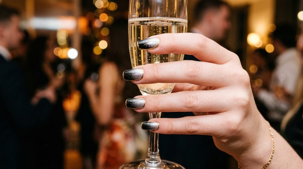 Candid close-up photograph of a female hand holding a crystal champagne flute, showcasing a finished black reverse French manicure with a gold chrome line.
