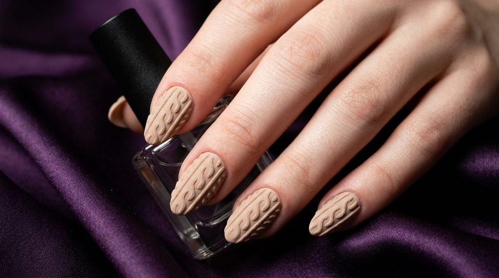 Detailed macro image of 3D gel cable knit nails on a white skin hand over violet silk.