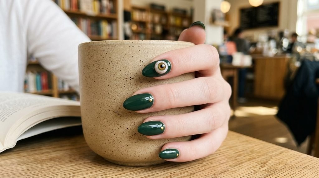 A chic close-up of a woman's pale hand with almond nails featuring deep green polish and one single, realistic 3D hazel eyeball accent nail, holding a coffee mug in a sunlit cafe.