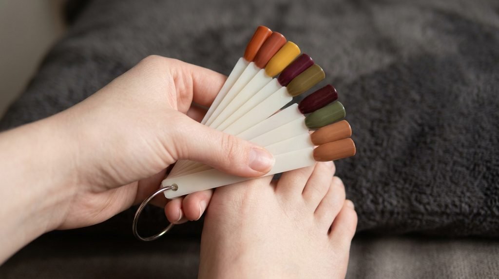 Female hand with smooth white skin holding shade swatches over toes against dark backdrop.