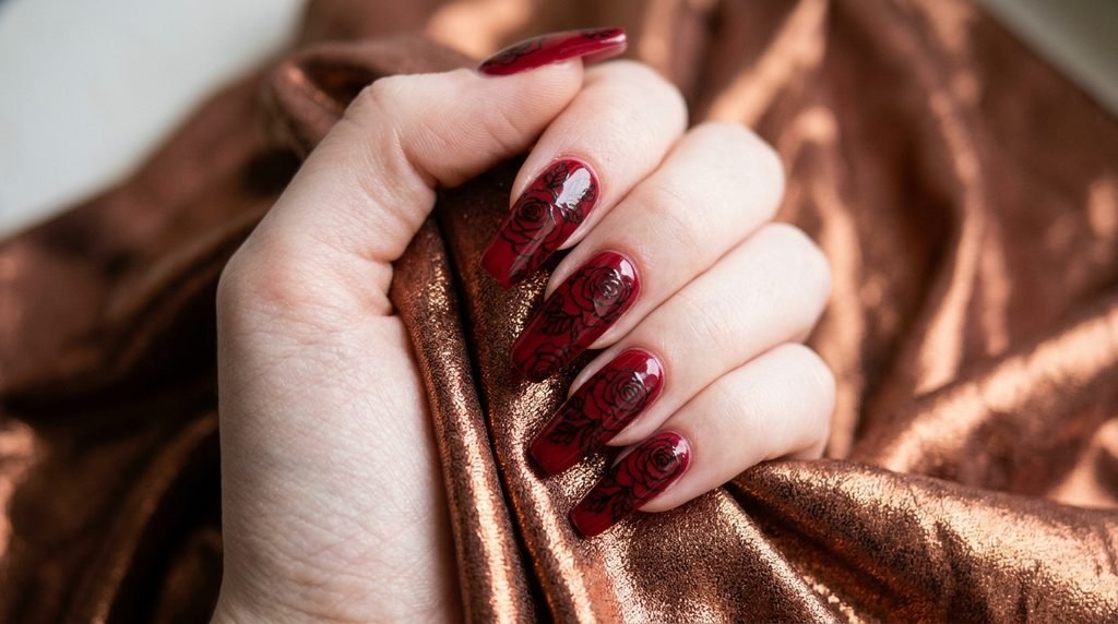 Black rose outline stamping art over deep crimson coffin nails held against copper metallic fabric.