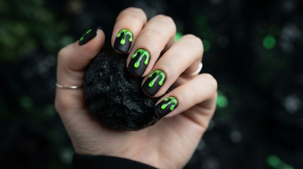 A macro close-up view comparing the texture of a matte black base nail against a nail with matte base and raised, glossy neon green slime drips on a navy blue silk background.