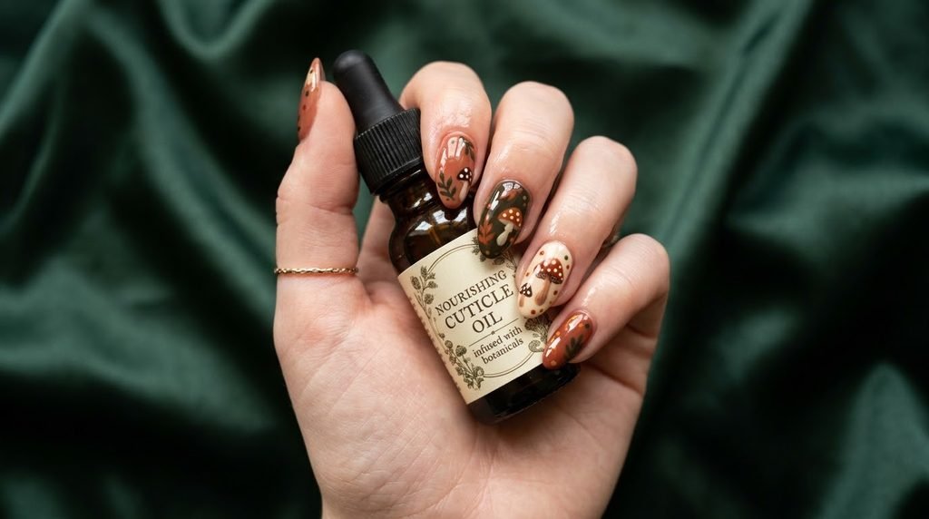 Female hand with white skin holding a cuticle oil bottle showcasing autumn mushroom nails.