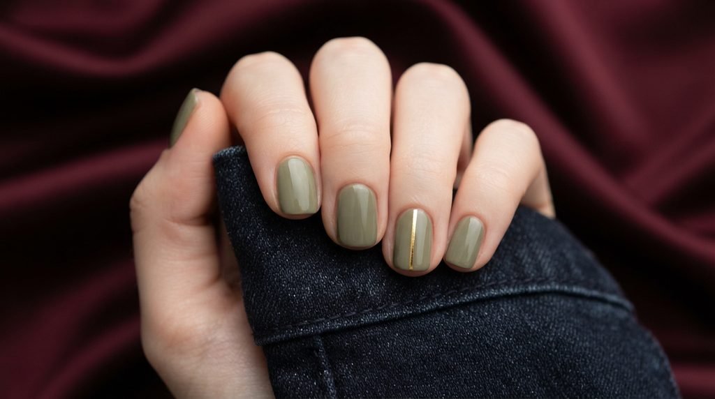 Close-up of short square khaki green nails with a gold stripe on a young woman's hand resting on burgundy silk.