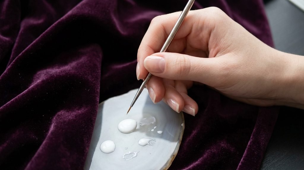 Female hand with white skin holding a thin nail brush over nail art supplies on dark velvet.