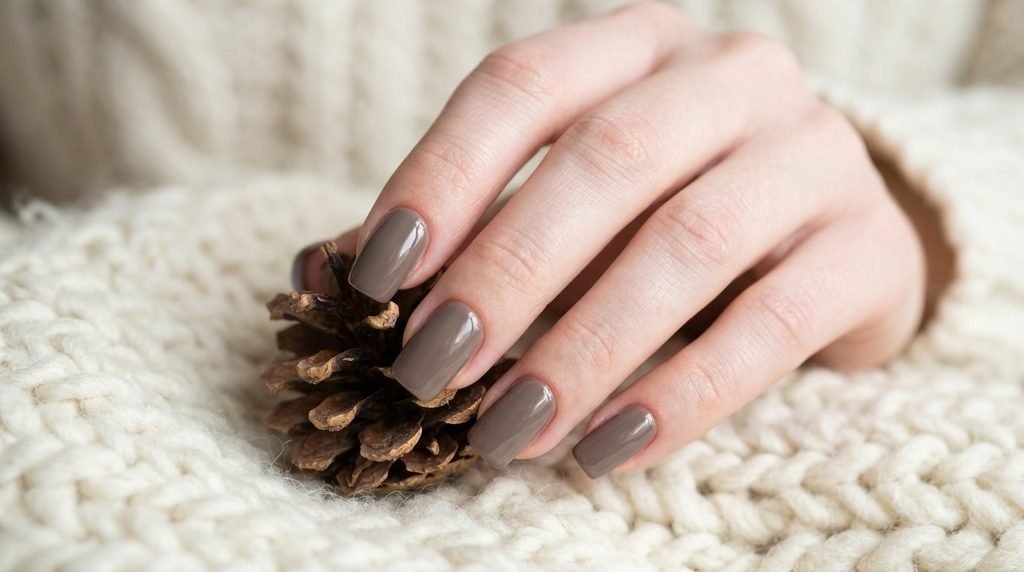 Square nails coated in glossy mushroom taupe nail polish held against a light ivory background on an eighteen year old hand with white skin.