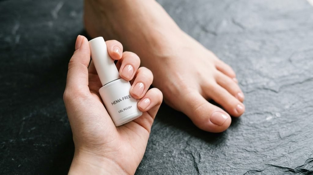 Female hand with white skin holding clean gel polish bottle next to polished foot on slate table.