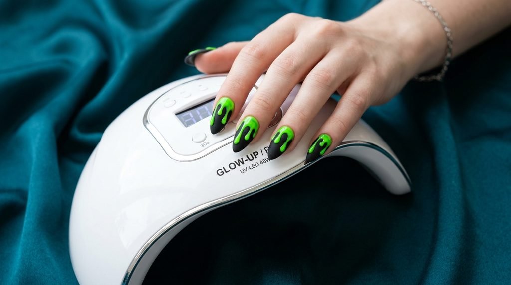 Close-up photography of a female hand with short squoval press-on nails featuring matte black base and neon green drips, holding a gel lamp against a teal silk background.