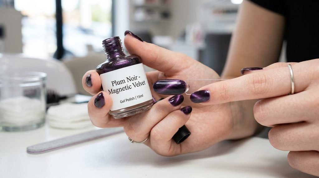 Close-up of a very white female hand, 18, holding an open "Plum Noir" magnetic gel bottle and swatch stick in a clean salon.