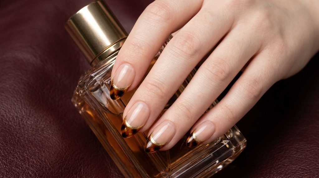 Female hand applying custom double French tip press-on nails over a burgundy leather backdrop.