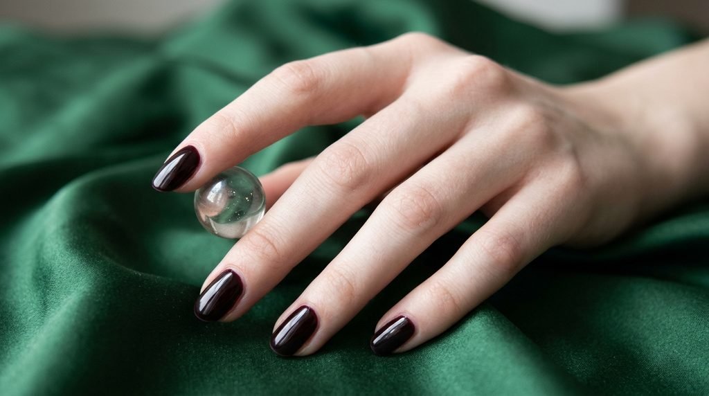 Female hand with white skin holding a glass marble, displaying dark black cherry gel nails against forest green silk.