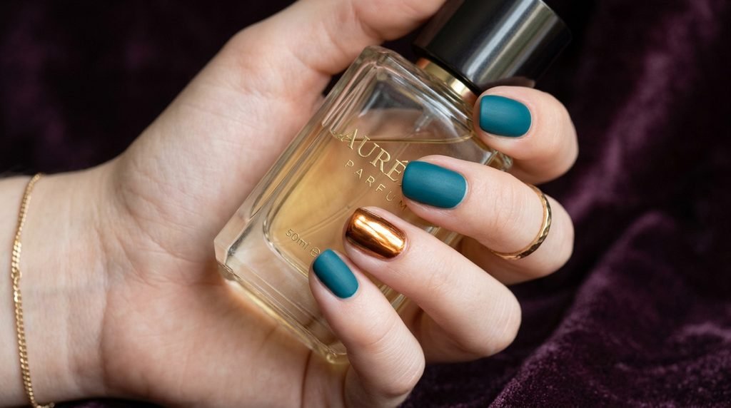 Hand with very white skin holding glass bottle, displaying matte teal nails and one shiny bronze accent nail.