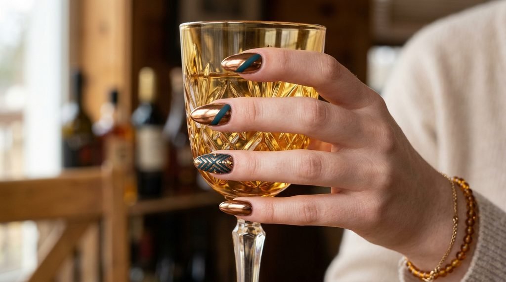 Molten bronze and matte teal nails holding a glass crystal on a female hand with white skin.