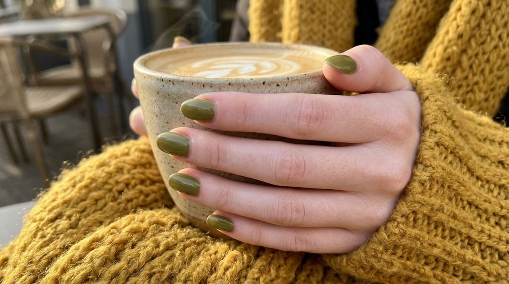 Olive green manicure holding a ceramic cup against a mustard yellow scarf background.