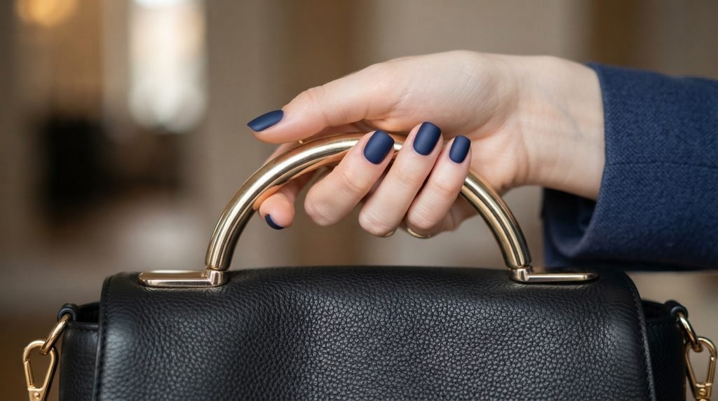 A vertical close-up of a hand belonging to an 18-year-old female with very white skin and satin navy nails, holding the handle of a luxury handbag.
