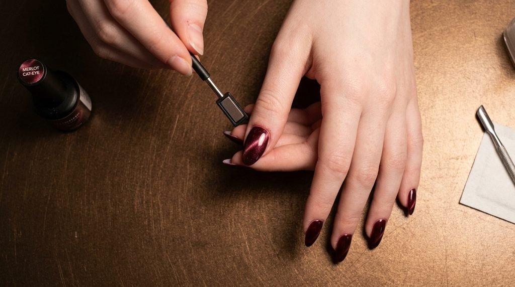 Magnet wand held above uncured merlot gel nail on an 18-year-old hand with very white skin.