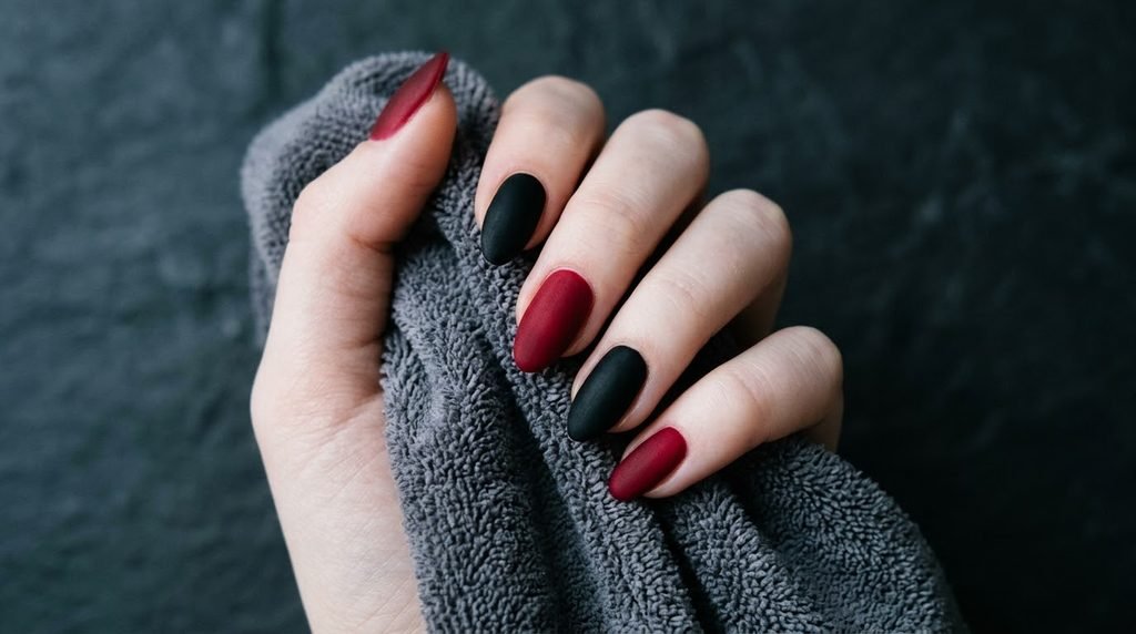 Velvet matte gel nails cleaned to remove oils on an 18-year-old female hand.