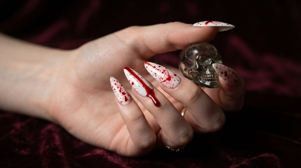 This is the ultimate Halloween moment: dramatic blood splatter nails that scream horror chic.