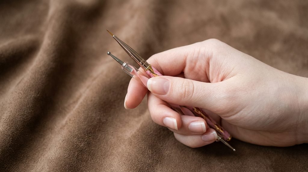 Female hand with smooth white skin holding nail art tools over a warm taupe suede background.