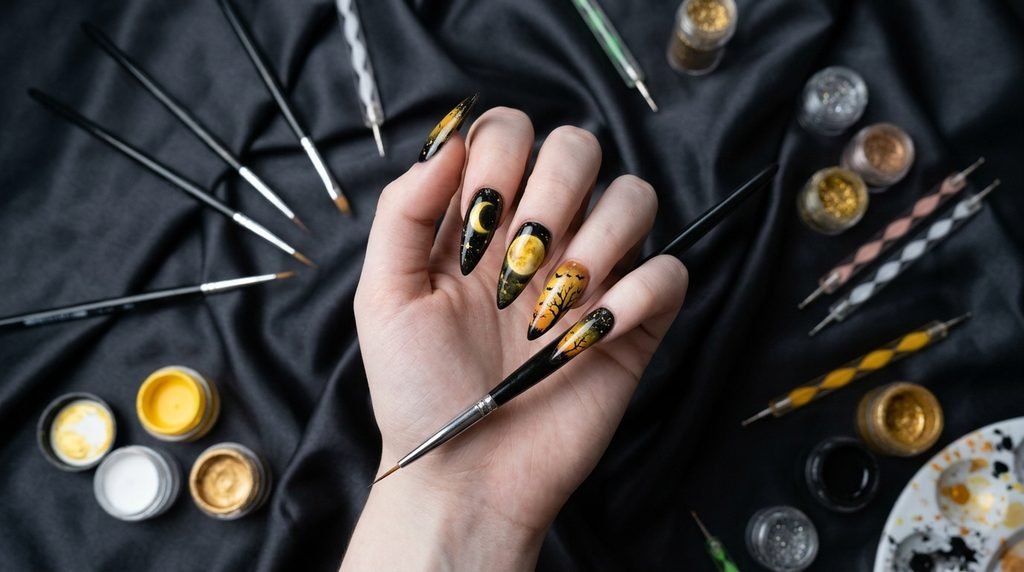 Female hand with pale skin holding a thin detail brush over black and golden moon stiletto nails.