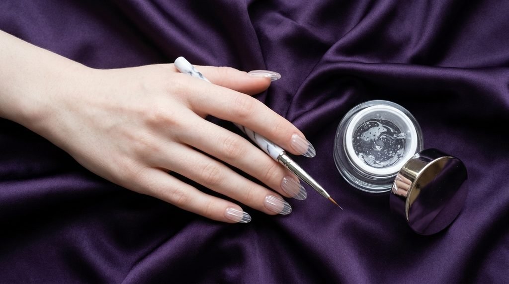 Hand with very white skin holding a fine nail brush next to builder gel on dark violet silk.