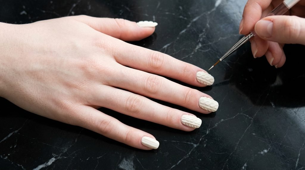 Female hand holding fine liner brush over cream sweater nails on black marble background.